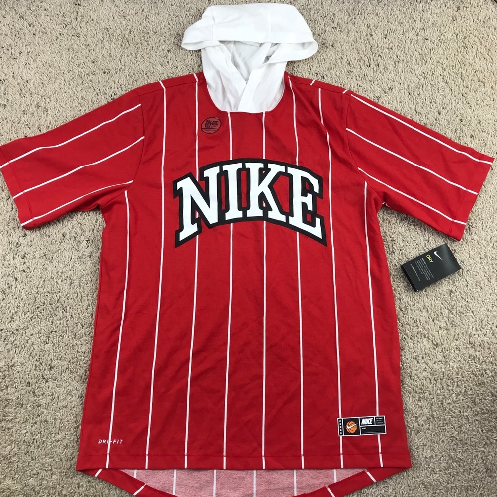 Nike Men Striped Dri-Fit Tee Hoodie Red AO8033-657